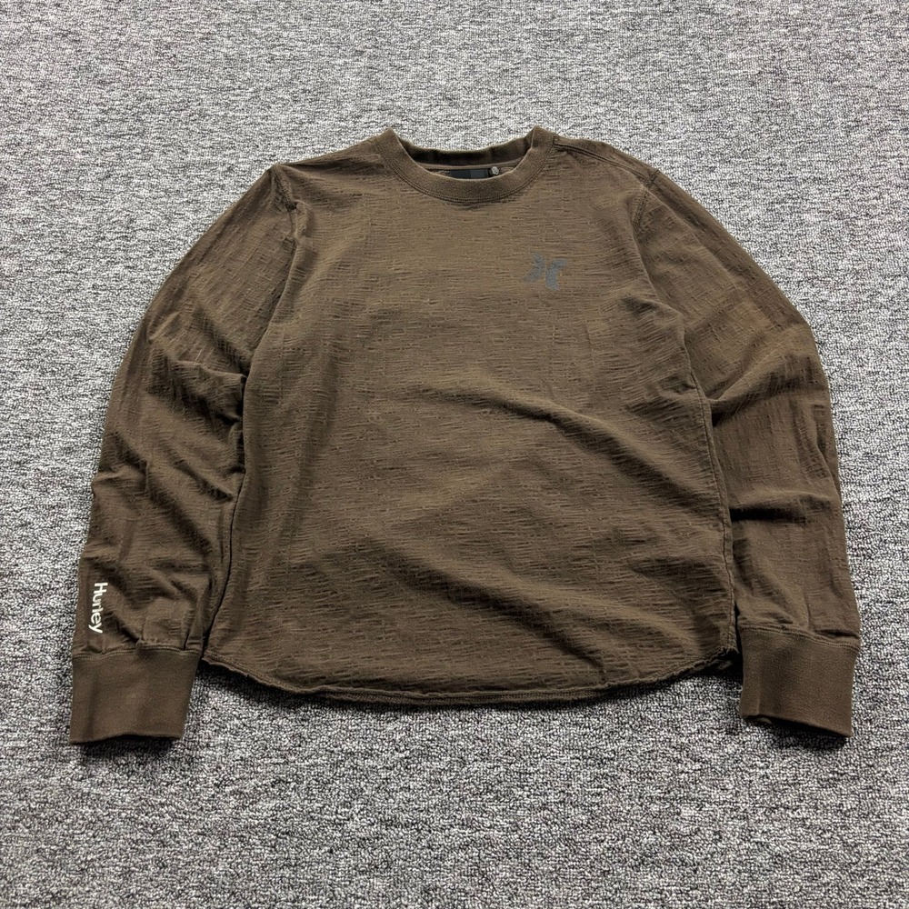 Y2K 2000s Hurley Surf Grunge Textured Long Sleeve Brown T-Shirt Size Medium